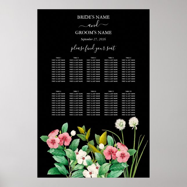 Wildblumen Periwinkle Black Wedding Chart Poster (Vorne)