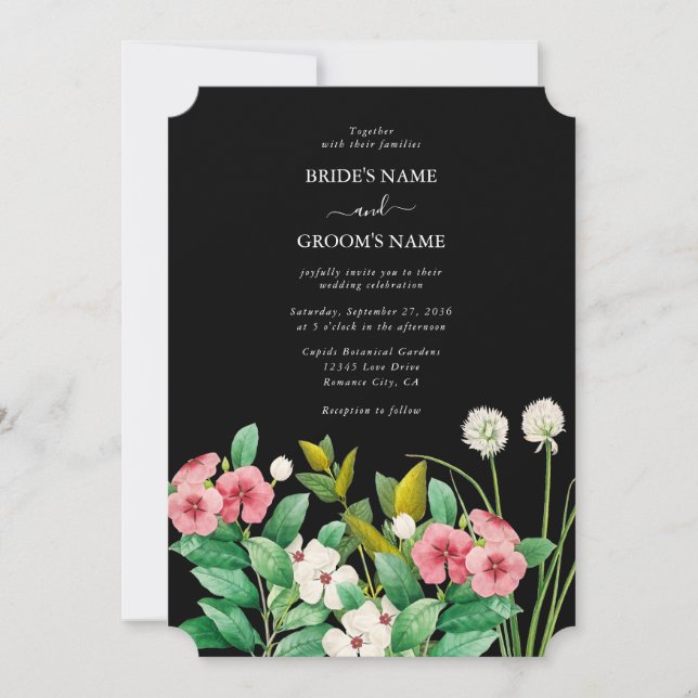 Wildblumen Periwinkle Watercolor Black Wedding Einladung (Vorderseite)