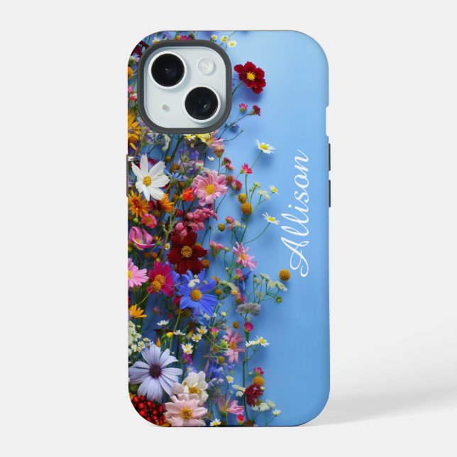 Wildblumen Personalisiert iPhone Case 15 Hülle (Rückseite)