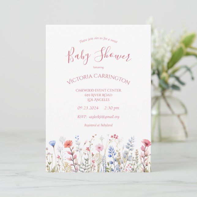 Wildblumen Pink Aquarell Blumendusche Einladung (Stehend Vorderseite)