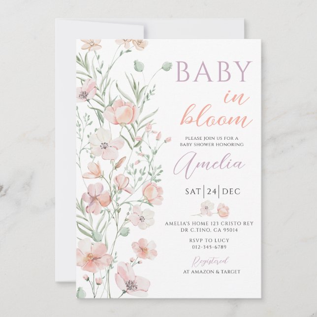 Wildblumen Pink Baby in Bloom Baby Dusche Einladung (Vorderseite)