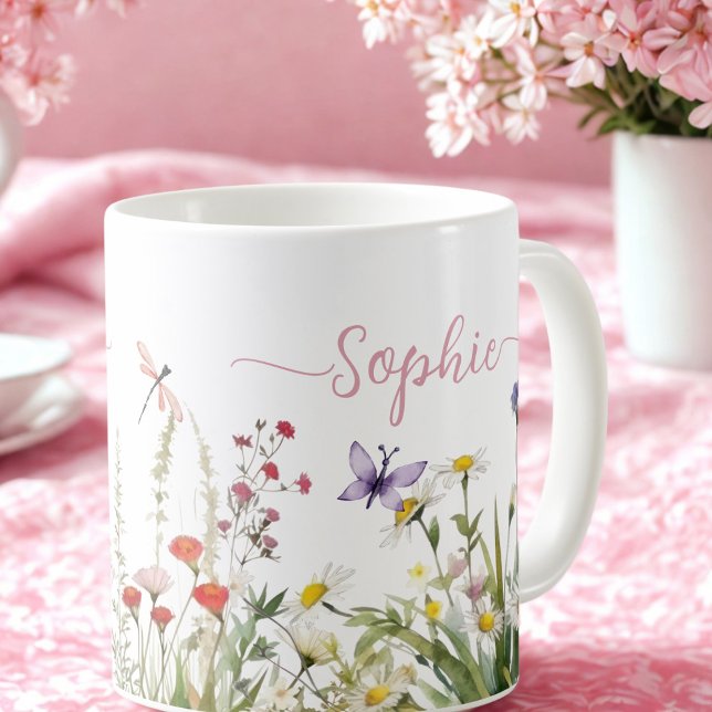 Wildblumen Pink Benutzerdefinierter Skriptname Kaffeetasse (Von Creator hochgeladen)