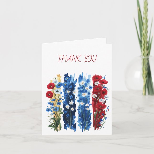 Wildblumen Pinselstriche Weiß Rot und Blau Dankeskarte (Vorderseite)