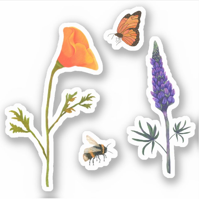 Wildblumen Poppy Butterfly Biene Aufkleber (Vorderseite)