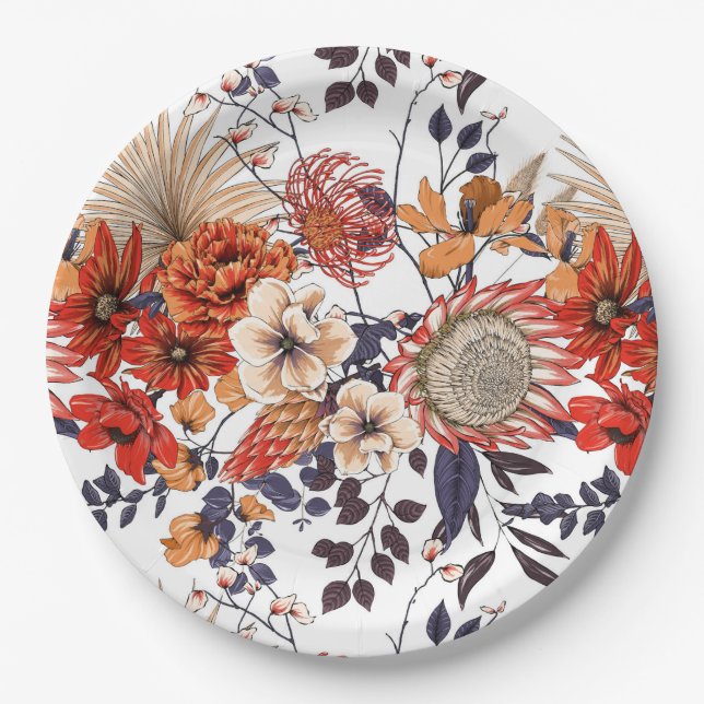 Wildblumen Protea und Blattgold lila orange Pappteller (Vorderseite)