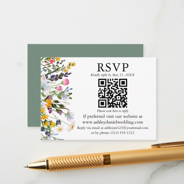 Wildblumen QR UAWG Wedding Sage Green Begleitkarte (Vorderseite/Rückseite Beispiel)