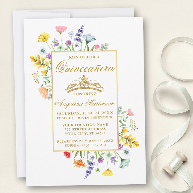 Wildblumen Quinceanera Gold Einladung (Customize to change text color, style, size or to add text to back of card.)
