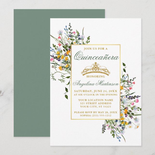Wildblumen Quinceanera Sage Green Einladung (Vorne/Hinten)