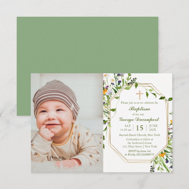Wildblumen rahmen Taufe benutzerdefiniertes Foto E Einladung (Vorne/Hinten)
