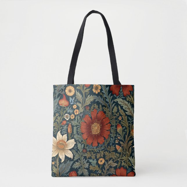 Wildblumen Red Pattern William Morris Style Tasche (Vorderseite)
