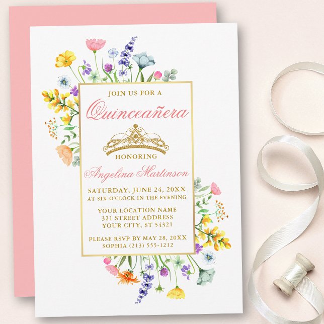 Wildblumen Rosa Gold Quinceanera Einladung (Customize to change text color, text style or color of back of card.)
