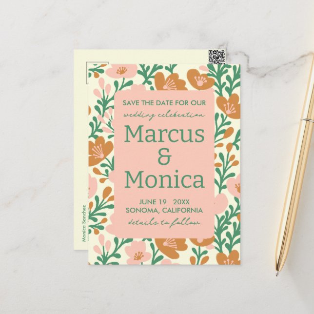 Wildblumen Rosa Grüne Gewohnheit Save the Date Postkarte (Vorderseite/Rückseite Beispiel)