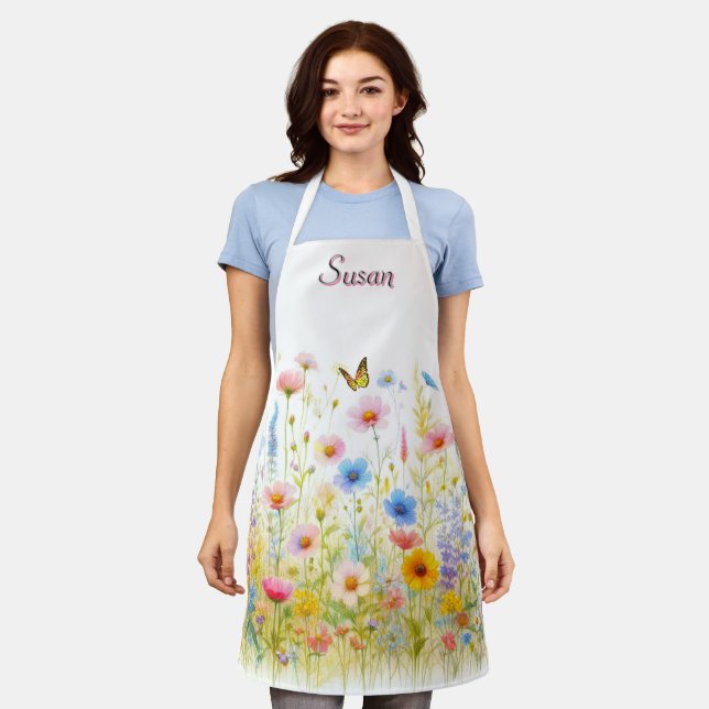 Wildblumen Rosa und Blau Blütenblütendruck Schürze (Getragen)