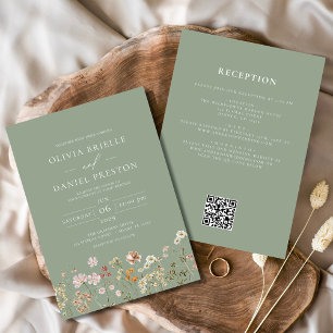 Wildblumen Salbei Grün All-in-One QR-Code Hochzeit Einladung