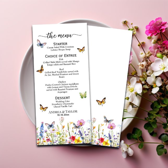 Wildblumen Schmetterlinge Elegant 4x9'' Hochzeit Menükarte (Von Creator hochgeladen)