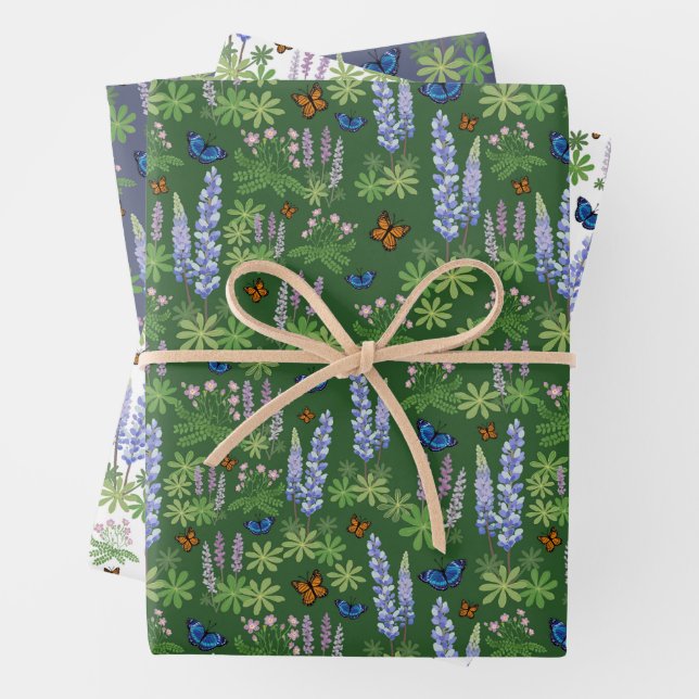 Wildblumen & Schmetterlinge Geschenkpackung grün & Geschenkpapier Set (Beispiel)