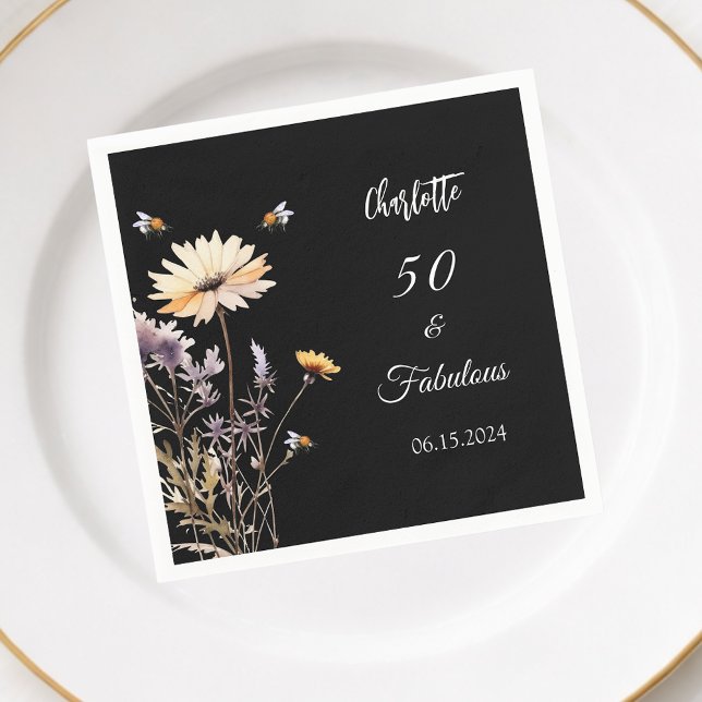Wildblumen schwarz 50 fabelhafte Geburtstage Serviette (Von Creator hochgeladen)