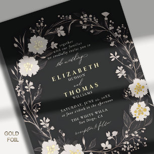 Wildblumen Schwarz-weiß kühl Gold Elegante Hochzei Folieneinladung