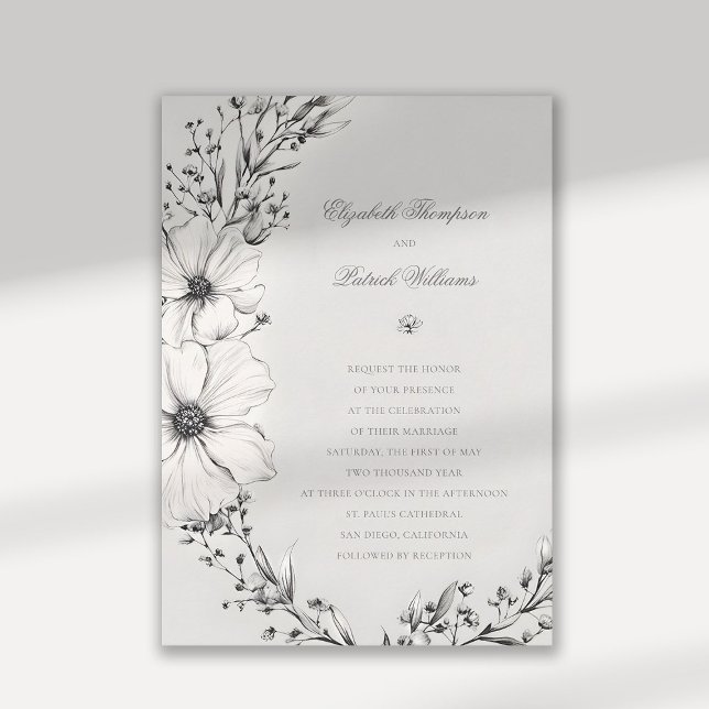 Wildblumen Schwarze Elfenbeinküche Einladung (wildflowers wedding invitation black and white formal elegant traditional calligraphy floral wreath)