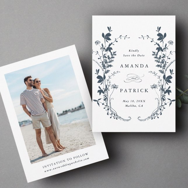 Wildblumen Silhouette Hochzeit Foto Navy Blue Save The Date (Front & Back)