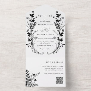 Wildblumen-Silhouette-Kranz Hochzeit Schwarz & Wei All In One Einladung