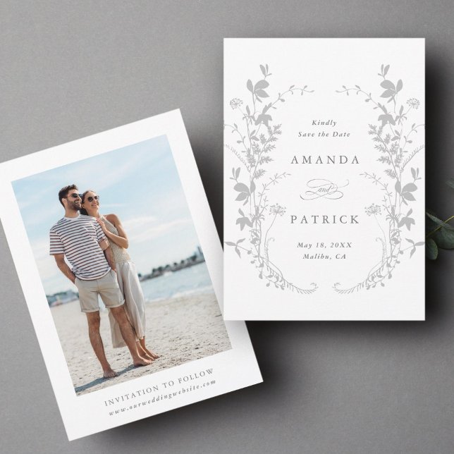 Wildblumen Silhouette Wreath Wedding Foto Grau Save The Date (Front & Back)