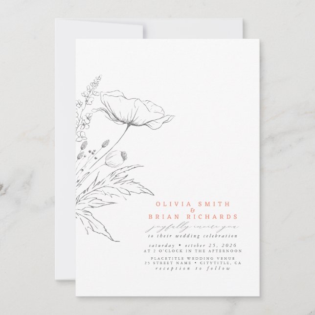 Wildblumen Sketch Elegante Hochzeit mit weichem Pf Einladung (Vorderseite)