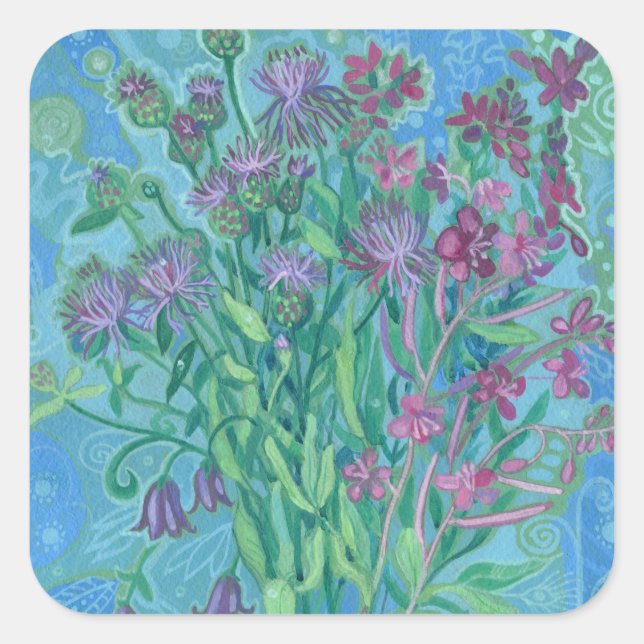Wildblumen Sommer Blume Bouquet Blumenbemalung Quadratischer Aufkleber (Vorderseite)