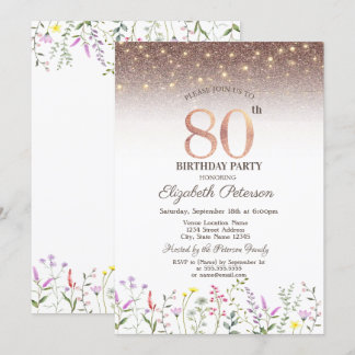 Wildblumen, String Lights Glitzer 80. Geburtstag Einladung