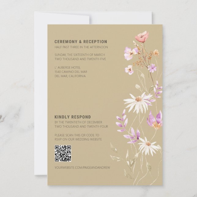 Wildblumen Tan Farmhouse Hochzeit Einladung (Rückseite)