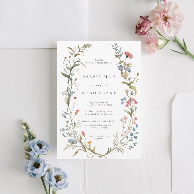 Wildblumen Thema Whimsical Pastels Moderne Hochzei Einladung (wildflowers wedding invitation manor floral frame modern garden outdoors indoors backyard barn blue )