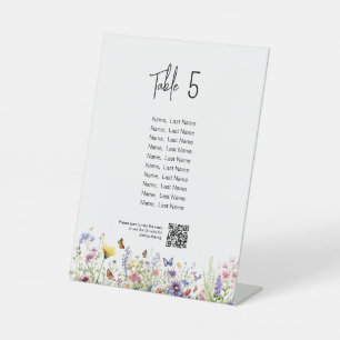 Wildblumen Tischnummer mit Gästen und qr Code Sockelschild