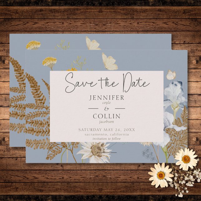 Wildblumen über Dusty Blue Wedding Save The Date (Wildflowers on Dusty Blue Wedding Save The Date)