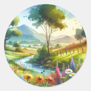 Wildblumen und Bach im Frühlings Tal Runder Aufkleber