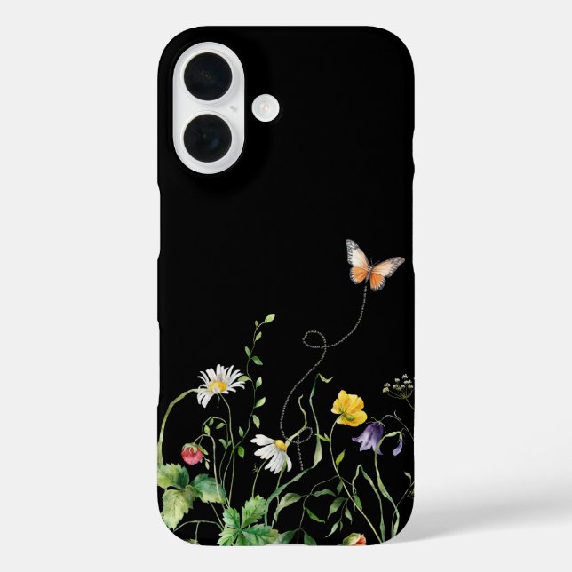 Wildblumen und Schmetterling auf Schwarz iPhone 16 Hülle (Rückseite)