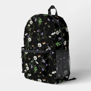 Wildblumen und Schmetterlinge auf Schwarz Bedruckter Rucksack