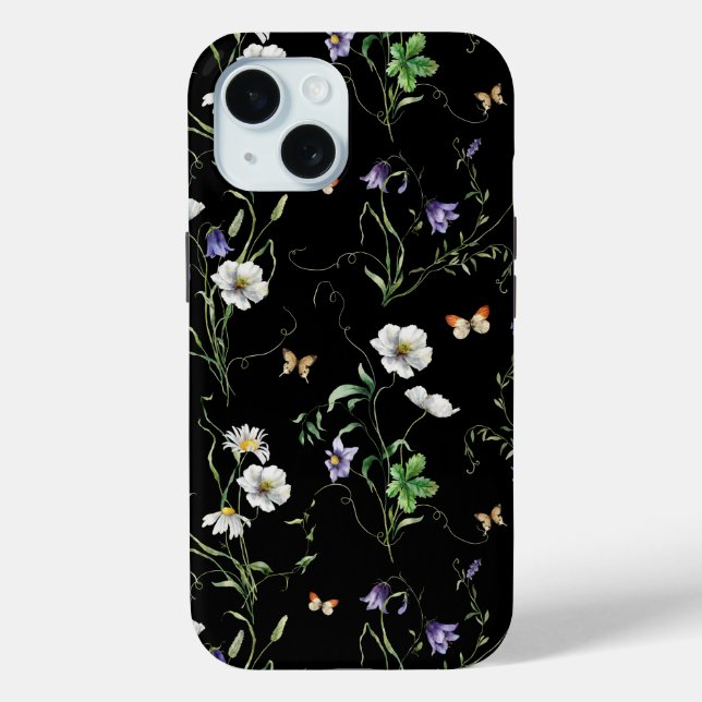 Wildblumen und Schmetterlinge auf Schwarz Case-Mate iPhone Hülle (Rückseite)