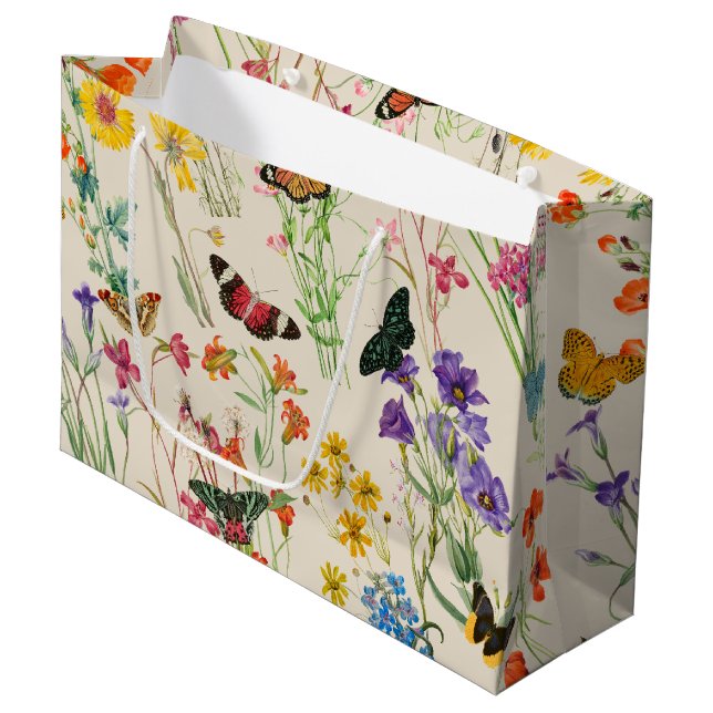 Wildblumen und Schmetterlinge Blumengarten Große Geschenktüte (Vorderseite Schrägansicht)