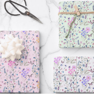 Wildblumen und Schmetterlinge Blumengarten rosa Geschenkpapier Set