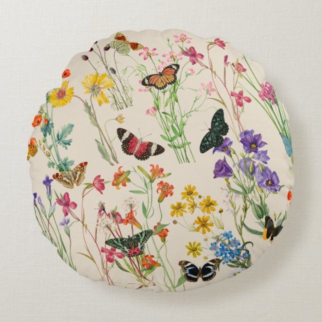 Wildblumen und Schmetterlinge Blumengarten Rundes Kissen (Vorderseite)