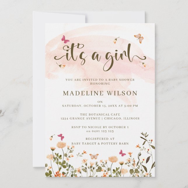 Wildblumen und Schmetterlinge | Elegante Babydusch Einladung (Vorderseite)