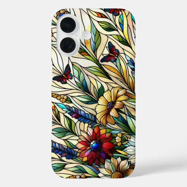 Wildblumen und Schmetterlinge für die Hartglaskons iPhone 16 Hülle (Rückseite)