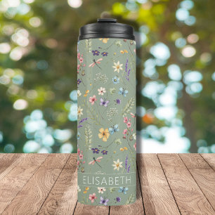 Wildblumen und Schmetterlingsgrüne Bezeichnung Thermosbecher