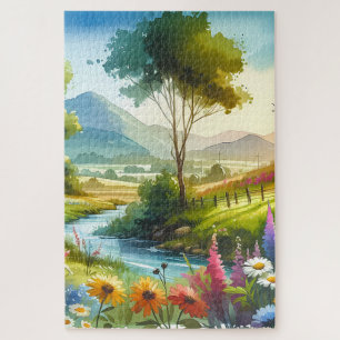 Wildblumen und Strom im Frühlingstal