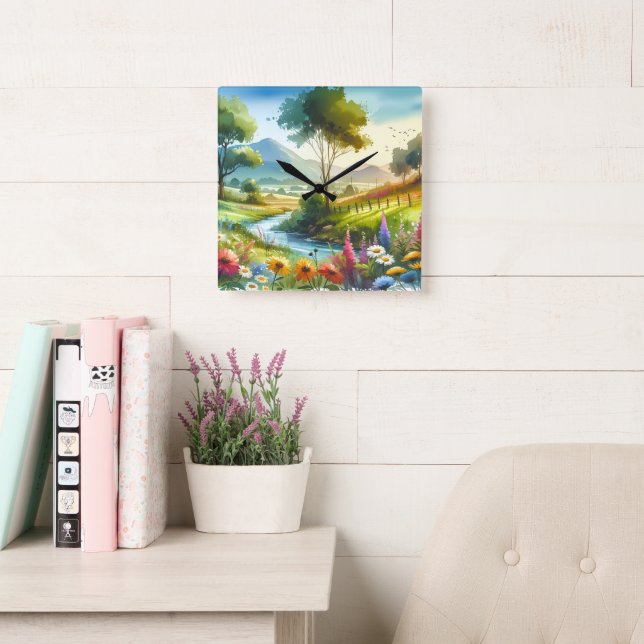 Wildblumen und Strom im Frühlingstal Quadratische Wanduhr (Lesesaal)