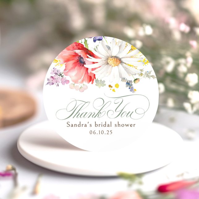 Wildblumen Vielen Dank Runder Aufkleber (Wildflowers Thank You Stickers)