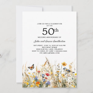 Wildblumen Vögel Schmetterlinge 50 Jahre alt Einladung