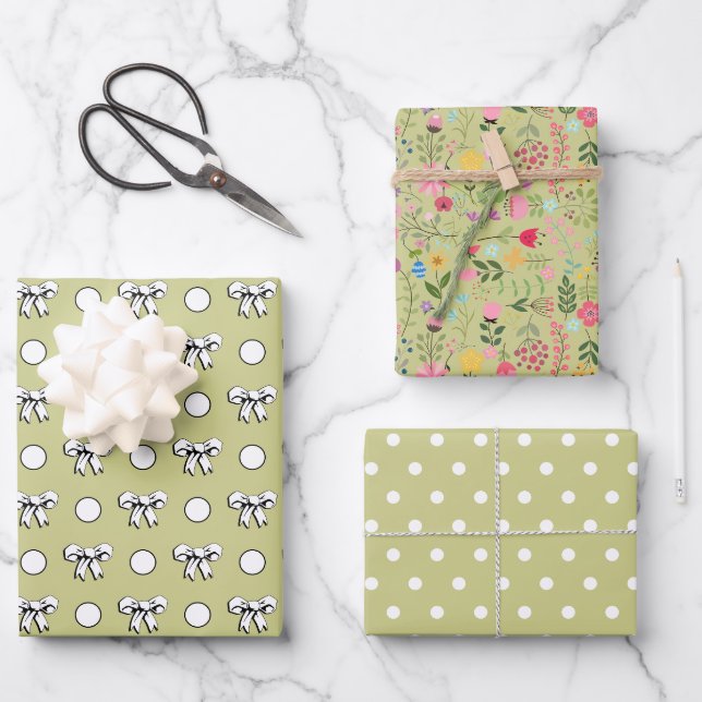 Wildblumen von weißen und grünen Polka-Punkten Geschenkpapier Set (Vorderseite)