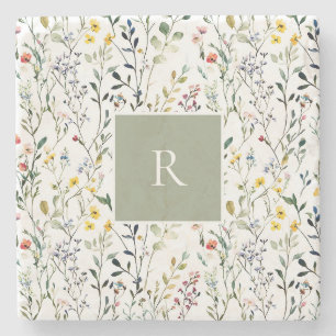 Wildblumen-Wasserfarben-Botanik-Monogramm Steinuntersetzer