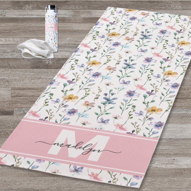 Wildblumen-Wasserfarben-Monogramm Yogamatte (Wildflower Watercolor Custom Name Monogram Yoga Mat)